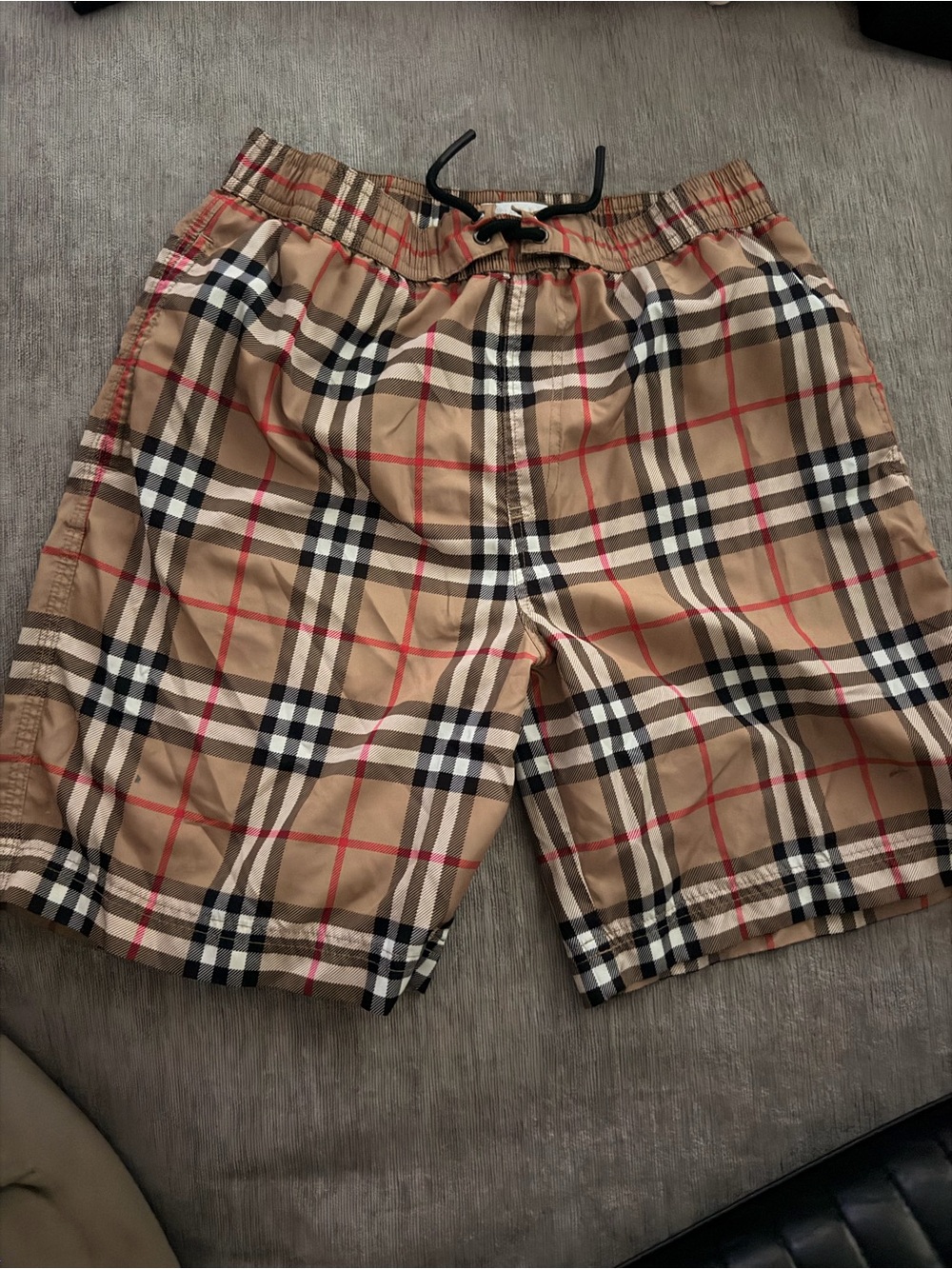 Boys Tan Plaid Swim Shorts